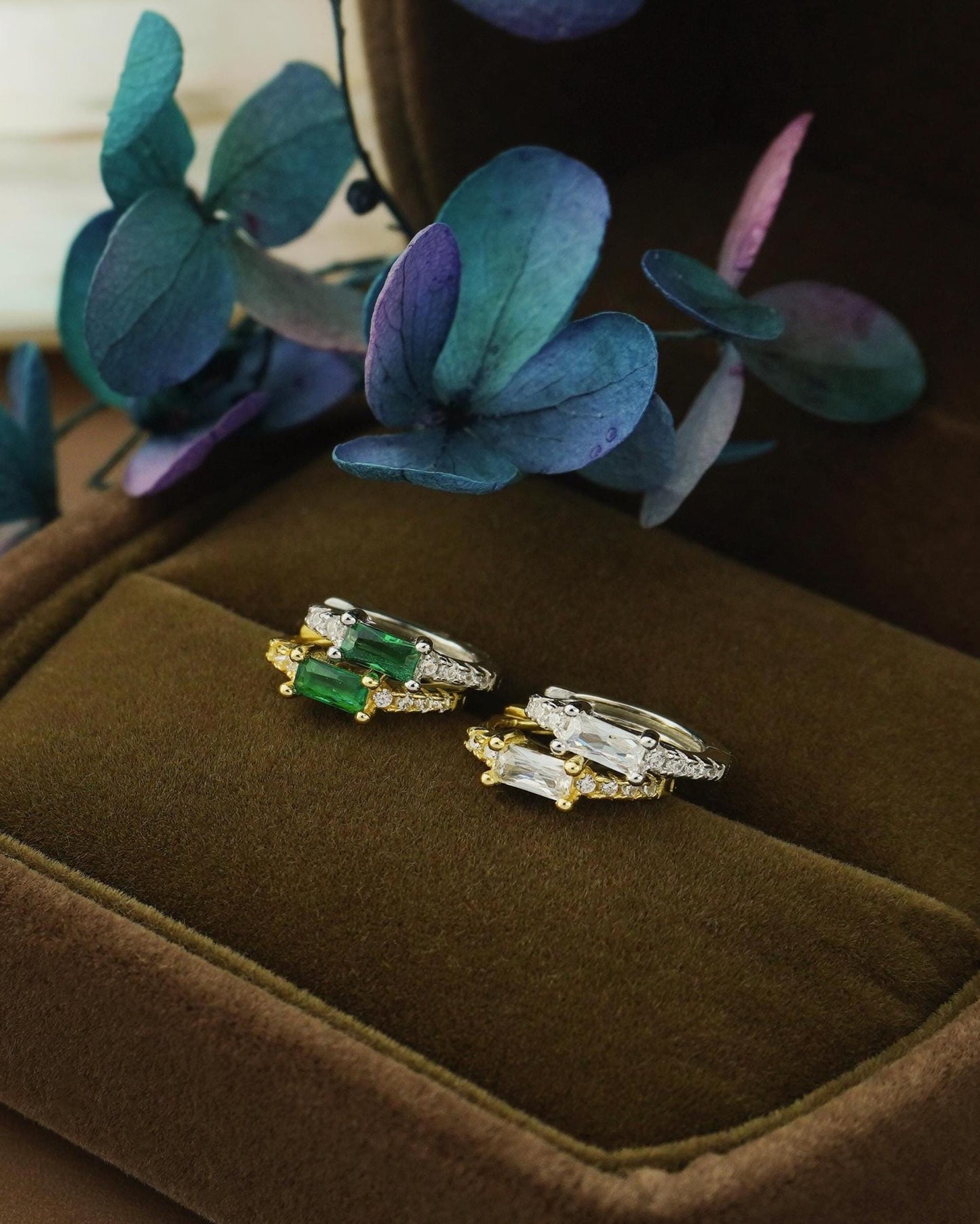 Pair of Baguette Emerald Green / Clear CZ Huggie Hoop Earrings in Sterling Silver or Plated Gold, Rectangular Gem Ear Jewelry