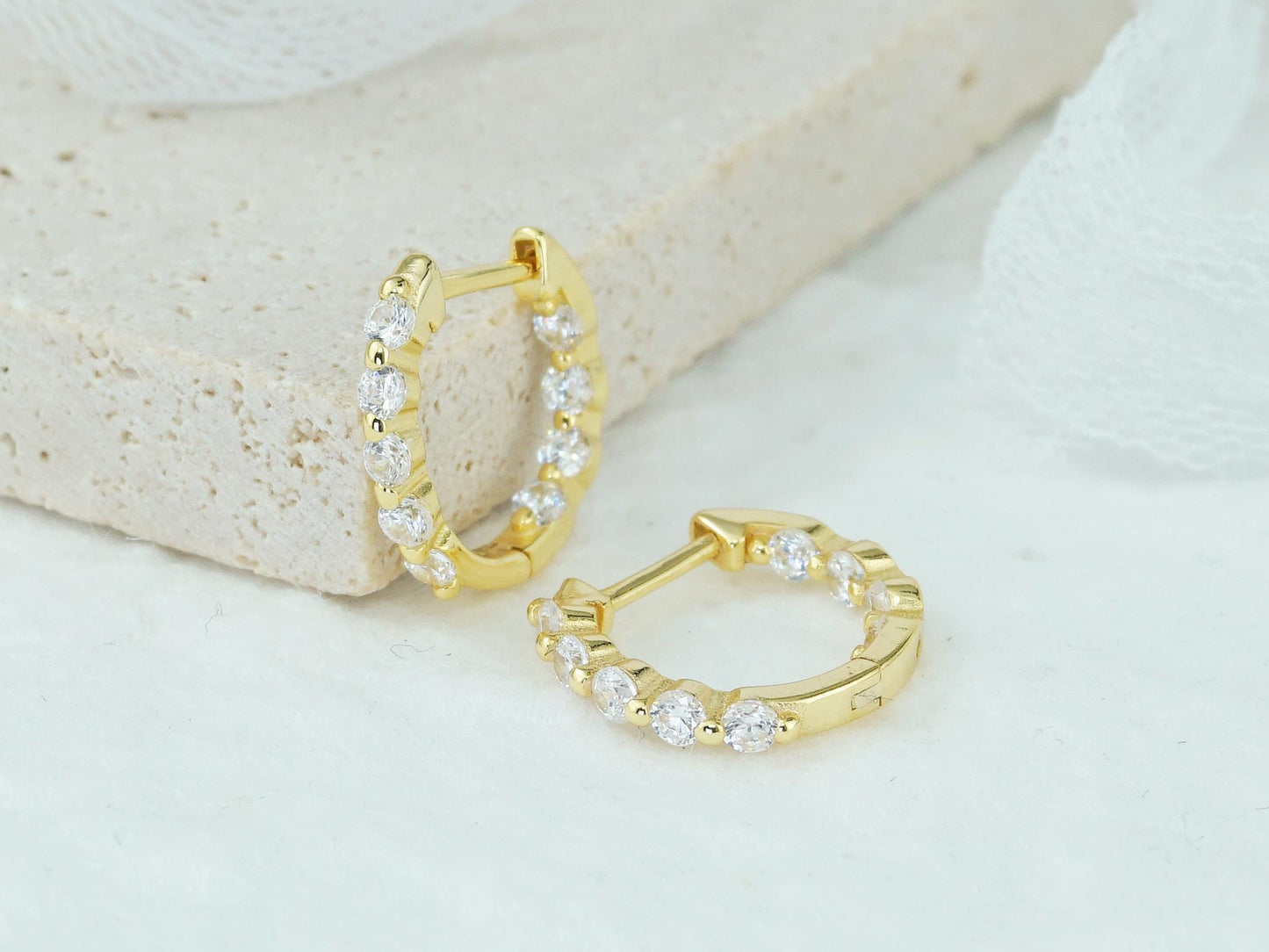 Pair of Sterling Silver Inside Out CZ Gemstone Huggie Hoop Earrings in Rhodium or 18ct Gold Plated