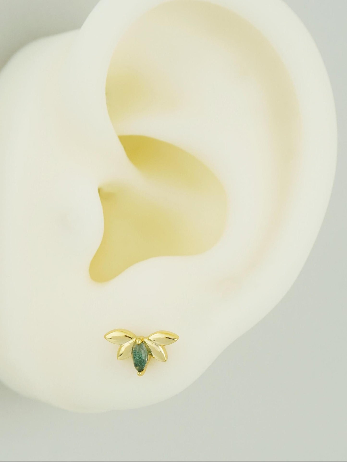 1 pc of Natural Green Moss Agate Marquise Crown Flat Back Stud Earring, Gold Plated over Sterling Silver