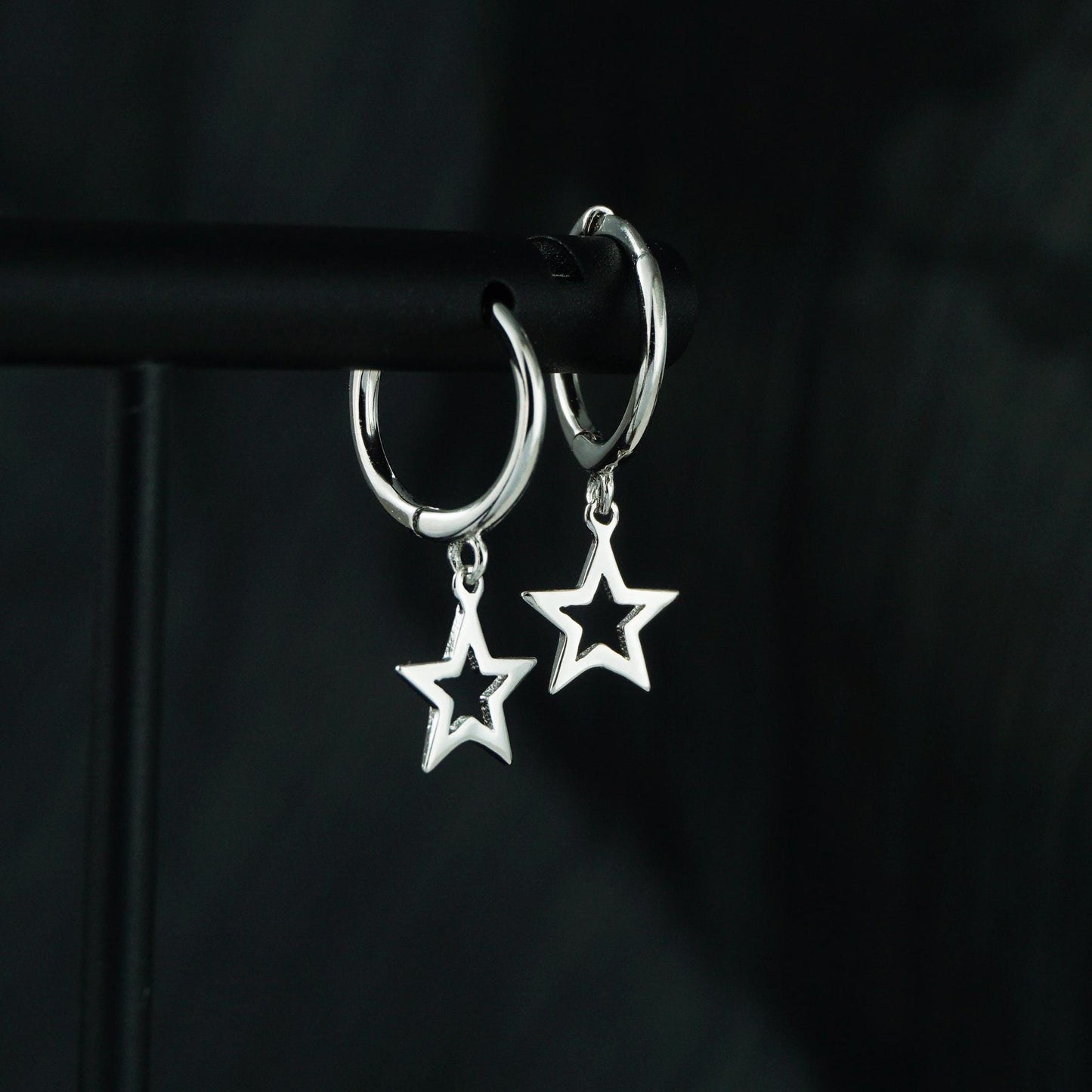 Pair of Dangly Open Star Huggie Hoop Earrings in Sterling Silver or Plated Gold