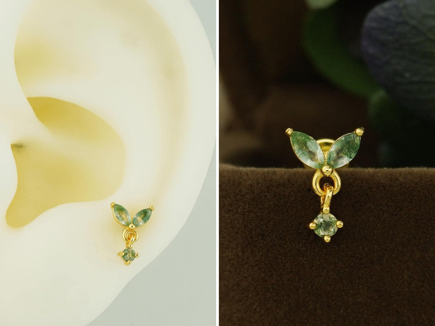 1 pc of Natural Green Moss Agate Flat Back Stud Earring in Sterling Silver/ Plated Gold