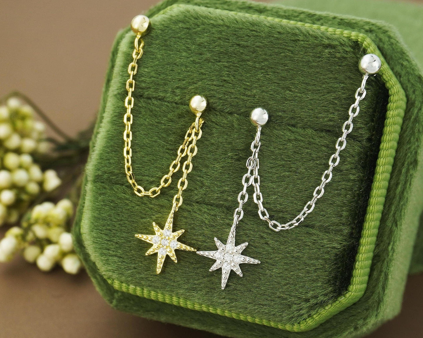 1 pc of Starburst Stud Earring in Sterling Silver or 14ct Gold Plated, Dangly Sparkly CZ Star with Drop Chain