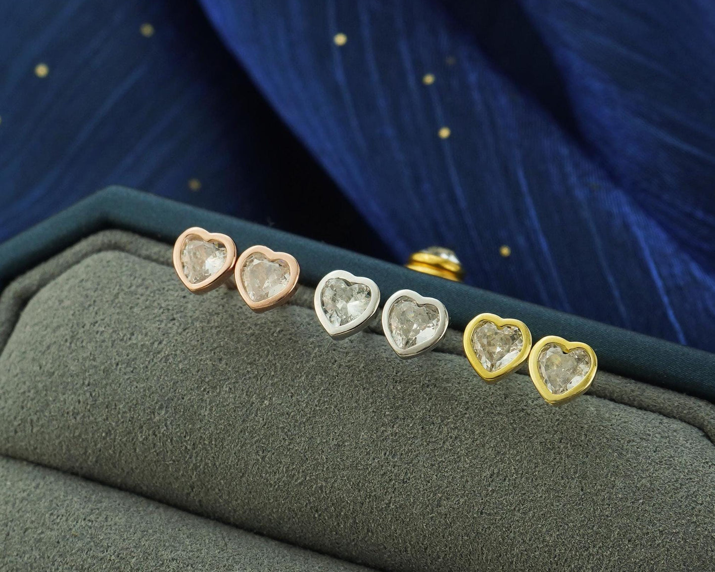 Pair of Tiny CZ Heart Sterling Silver Stud Earrings in Rhodium, 14ct Gold or Rose Gold Plated, 2 Sizes Simple Stacking Earlobe Jewelry