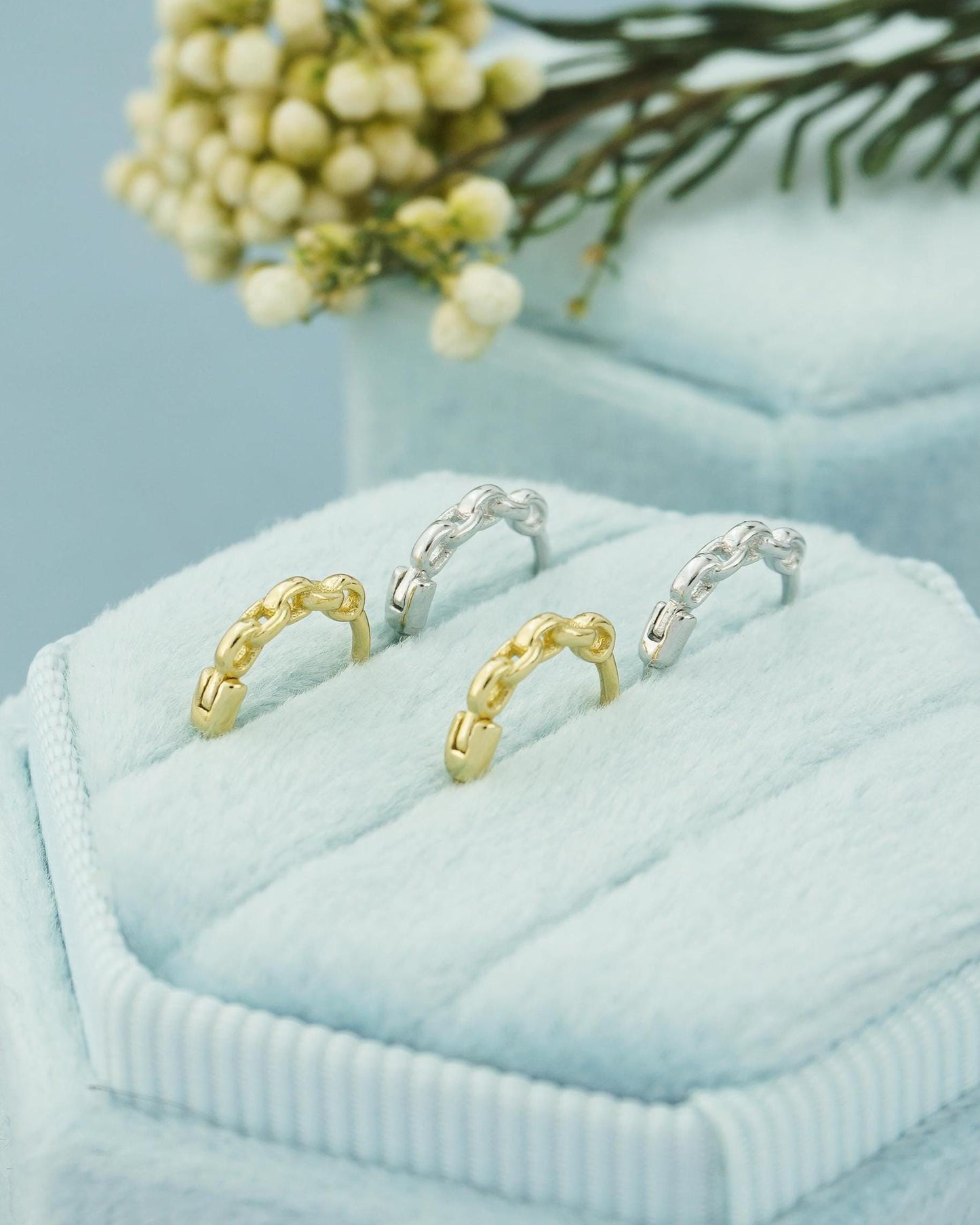 Pair of Tiny Snug Fit Chain Link Huggie Earrings in Sterling Silver or Plated Gold, Lightweight Hoops for Stacking