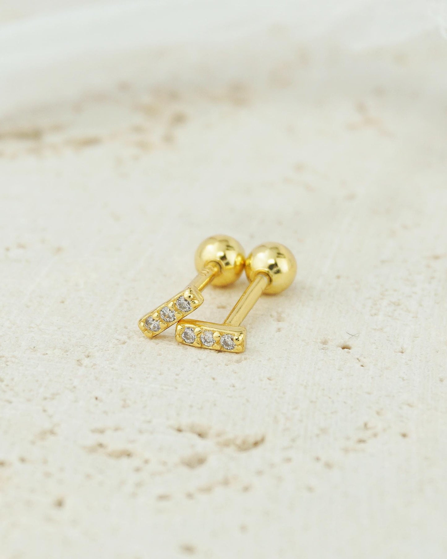 Pair of VERY TINY Paved Bar Sterling Silver Stud Earrings in Silver or Plated Gold, Sparkly CZ Stones, Simple Screw Ball Back