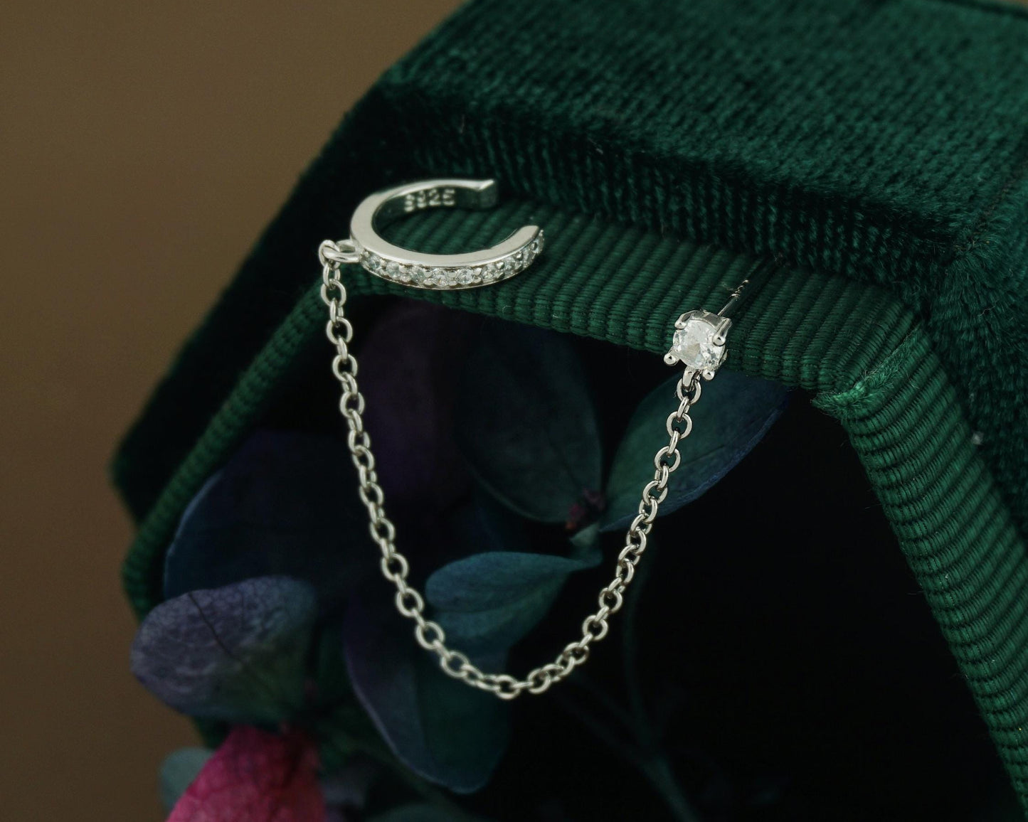 1 pc of Sterling Silver Stud Ear Cuff Earring in Silver or Plated Gold with Dangly Drop Chain, CZ Paved Dainty Earcuff