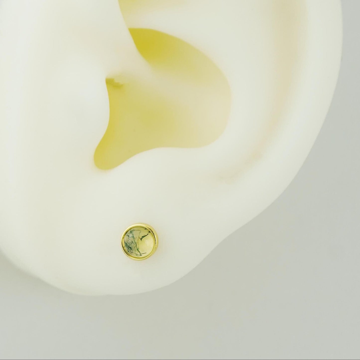 1 pc of Natural Green Moss Agate Cabochon Flat Back Stud Earring in Sterling Silver or Plated Gold, Dainty 5mm Bezel Ear Jewelry