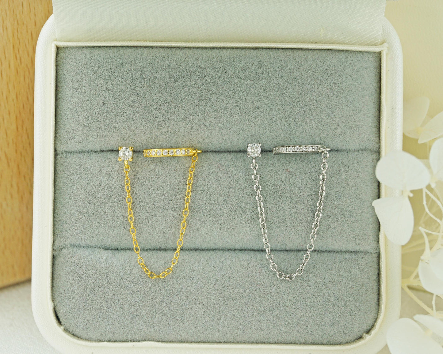 1 pc of Sterling Silver Stud Ear Cuff Earring in Silver or Plated Gold with Dangly Drop Chain, CZ Paved Dainty Earcuff