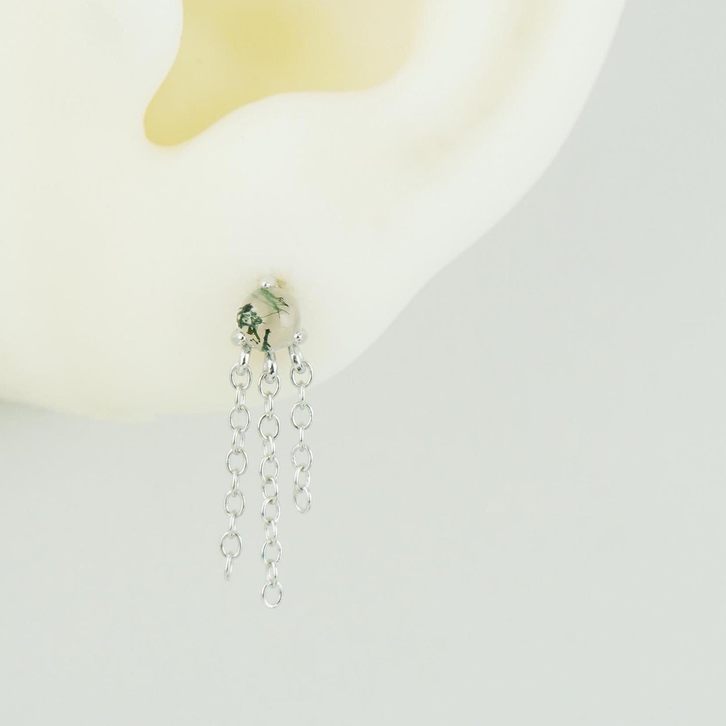 1 pc of Natural Moss Agate Cabochon with Dangly Chains, Flat Back Stud Earring in Sterling Silver /Plated Gold