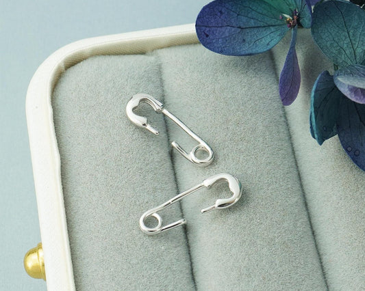 Pair of Safety Pin Stud Earrings in Sterling Silver, Novelty Quirky Punk Rock Jewellery