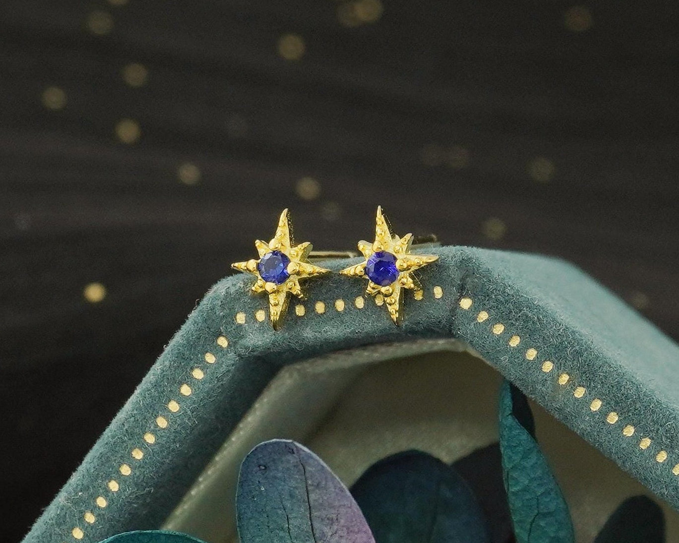Pair of Tiny Sterling Silver Starburst Stud Earrings in Rhodium or Gold Plated, Celestial Star Burst Design with Blue CZ