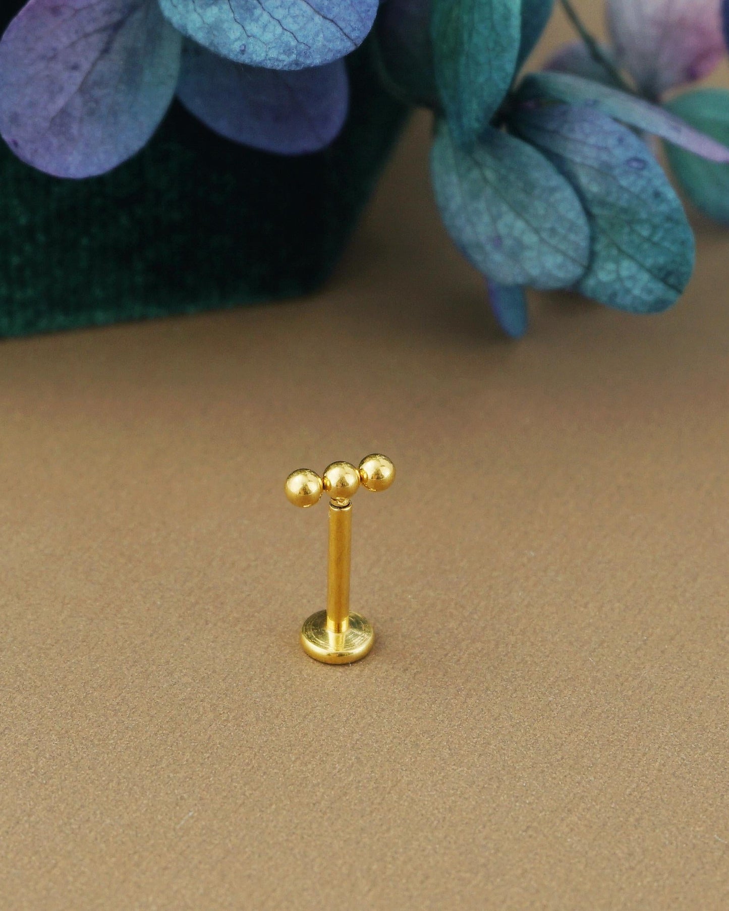 1 pc of Triple Ball Stainless Steel Push Pin Flat Back Stud Earring in Steel, Golden or Black Finish