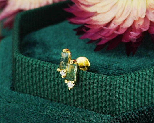 1 pc of Natural Green Moss Agate Double Baguette Stud Earring in Gold Plated over Sterling Silver