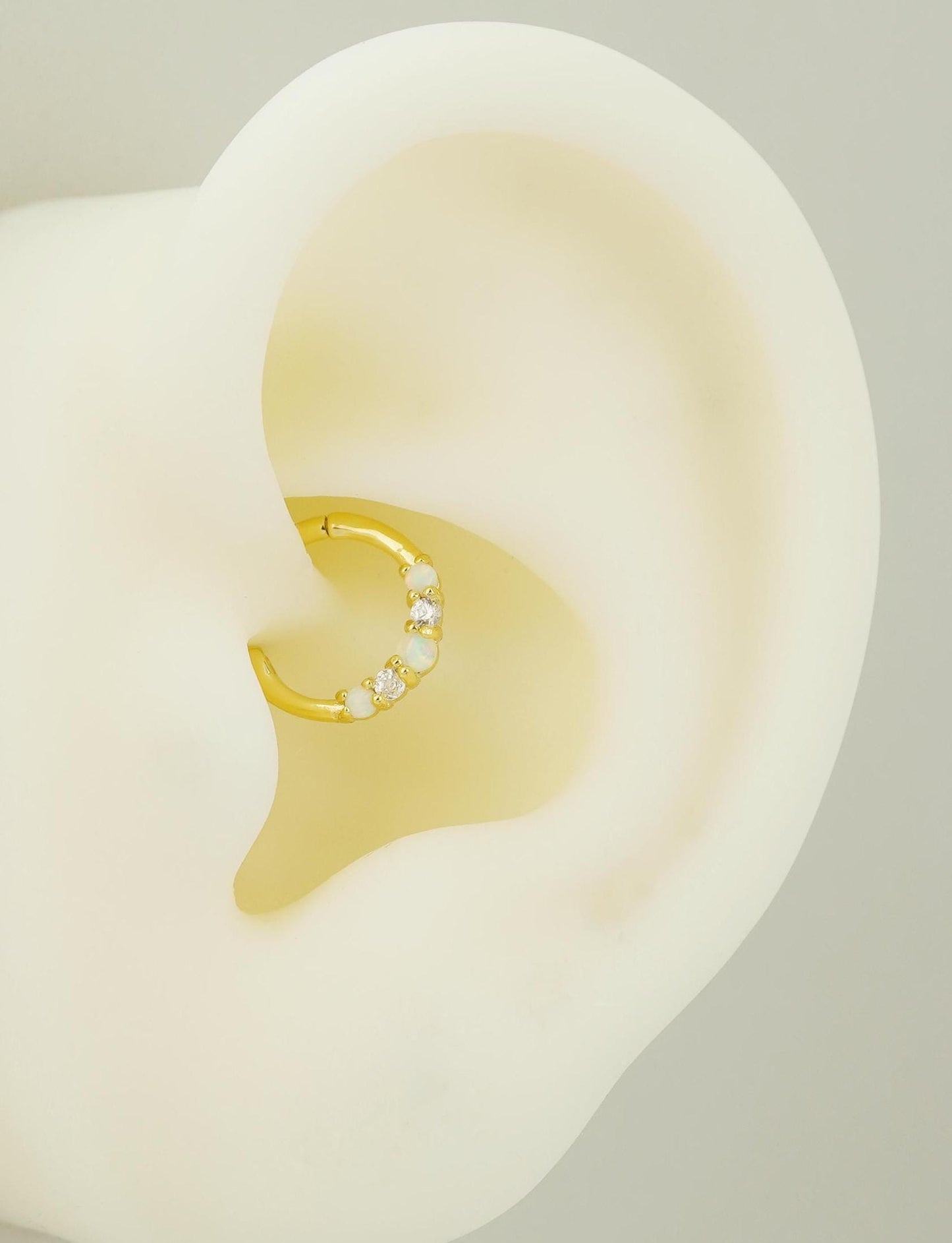 1 pc of 18G Hinged Opal & CZ Stone Daith Earring Hoop in 18ct Gold Plated over Sterling Silver, Helix Cartilage Clicker