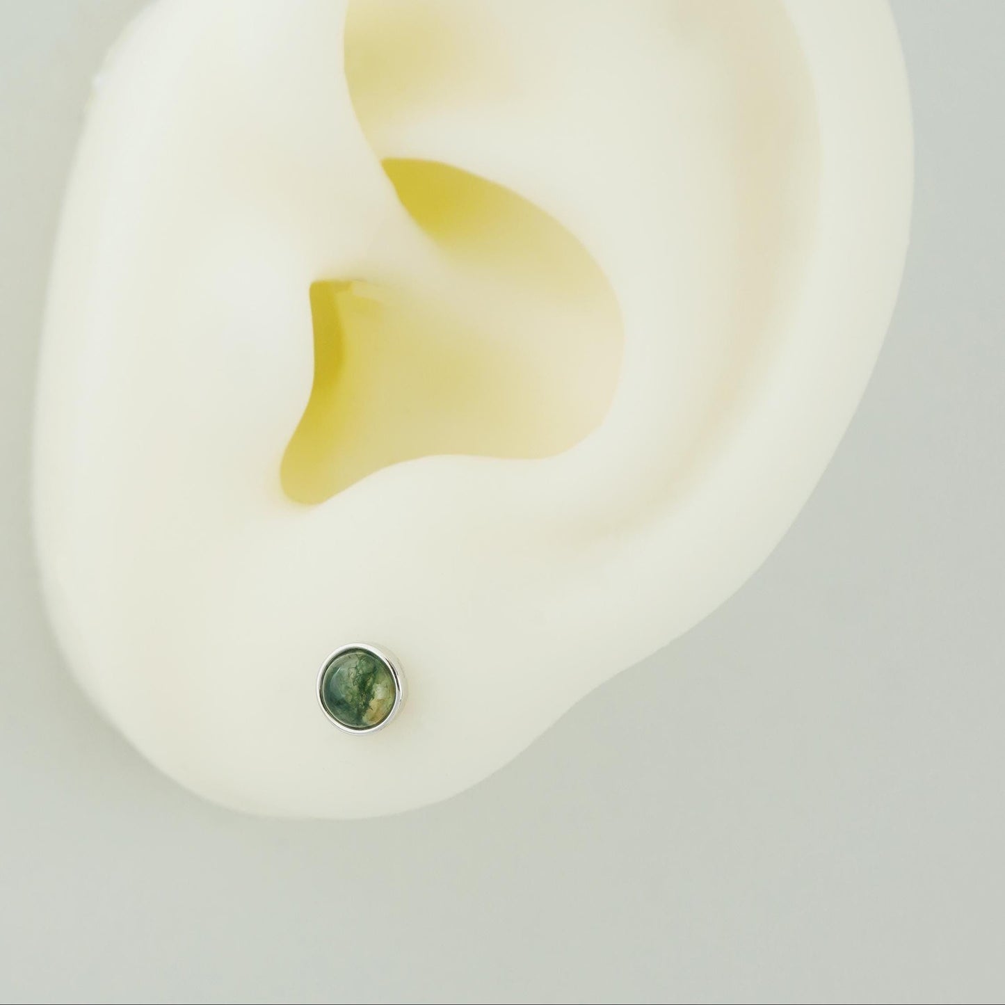 1 pc of Natural Green Moss Agate Cabochon Flat Back Stud Earring in Sterling Silver or Plated Gold, Dainty 5mm Bezel Ear Jewelry