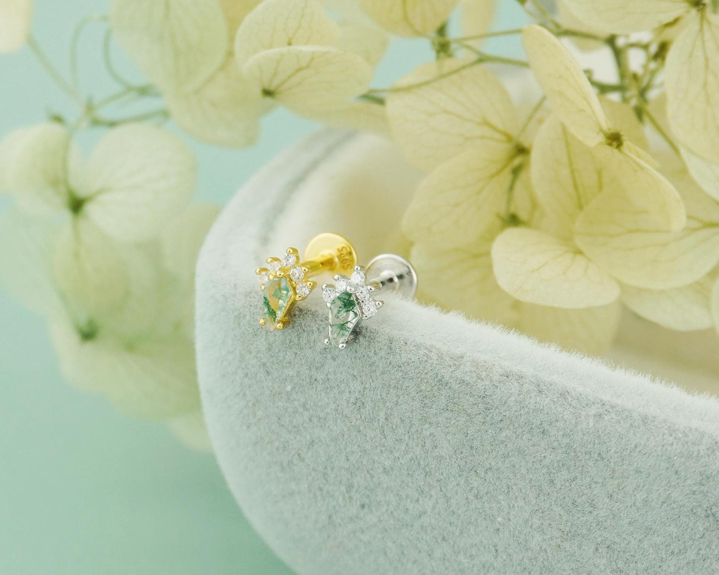 1 pc of Natural Green Moss Agate Kite Shape Flat Back Stud Earring in Sterling Silver or Plated Gold, Dainty CZ Helix Tragus Cartilage Piercing Jewelry