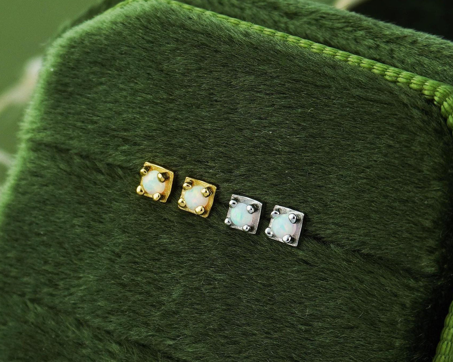 Pair of VERY TINY Opal Stud Earrings in Sterling Silver or Plated Gold, Tiny Gem Delicate Stacking Jewelry
