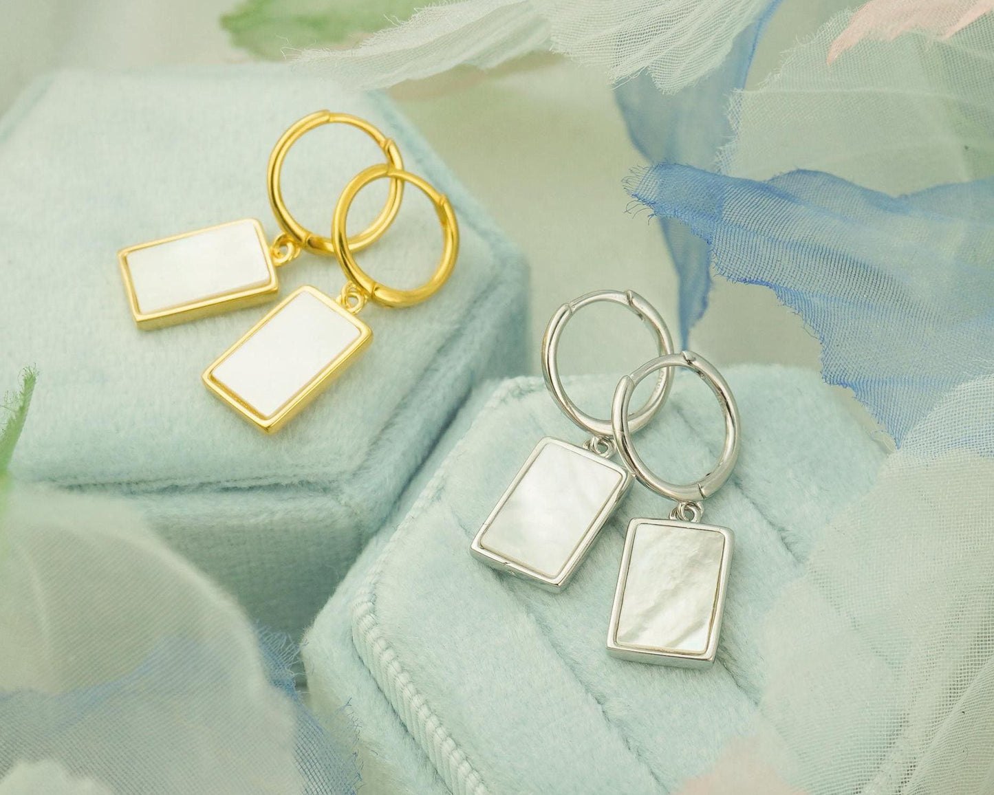 Pair of Dangly Rectangle Shell Charm Sterling Silver Hoop Earrings in Rhodium or 18ct Gold Plated