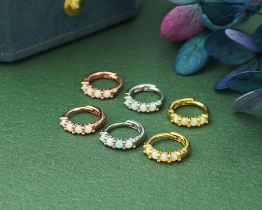 Pair of Elegant Opal Gemstone Huggie Hoop Earrings in Sterling Silver, 18ct Gold or Rose Gold