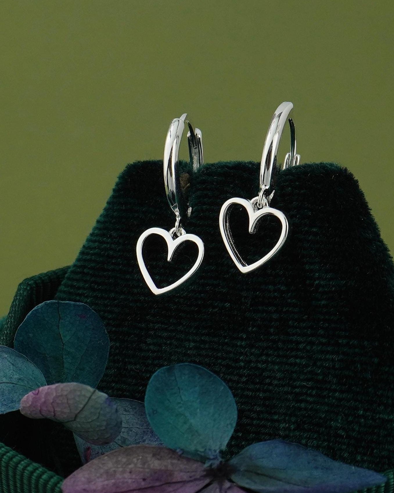 Pair of Sterling Silver Open Heart Dangly Charm Huggie Hoop Earrings