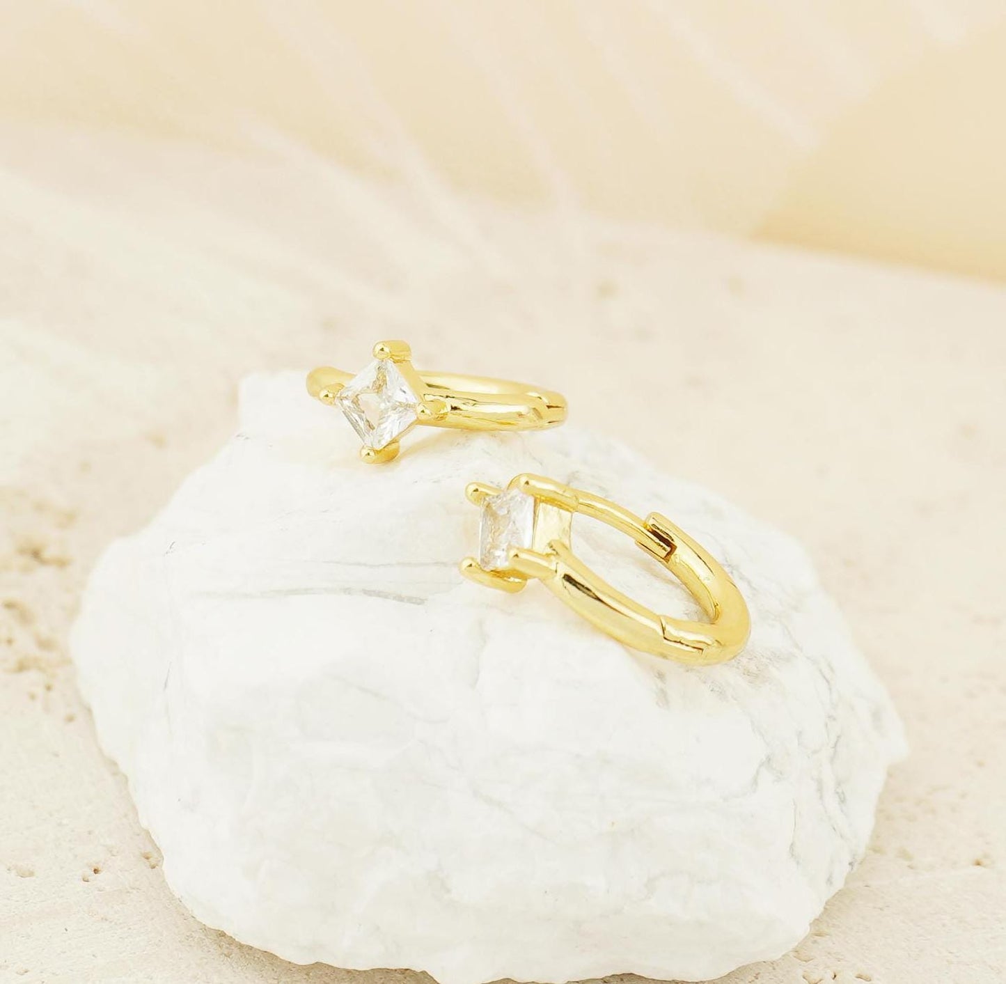 Pair of Square CZ Huggie Hoop Earrings in Gold / Palladium Plated over Brass