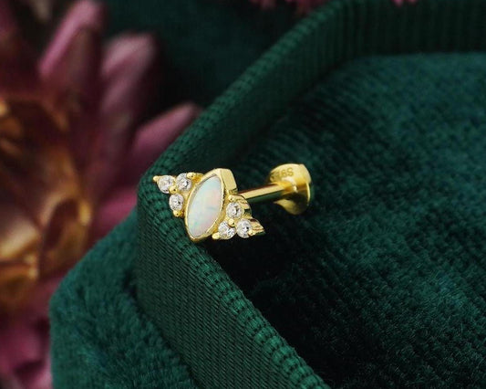 1 pc of Marquise Opal Stud Earring with Sparkly CZ Gem in 18ct Gold Plated over Sterling Silver, Lobe Tragus Cartilage Piercing Jewelry