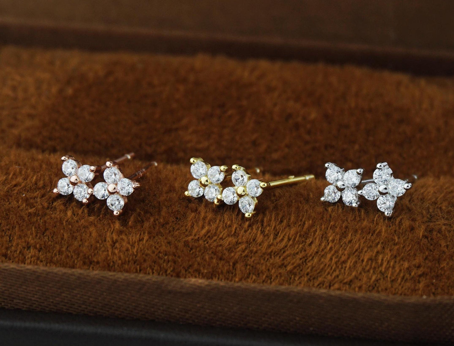 Pair of Tiny Quartet CZ Stud Earrings in Sterling Silver, Gold or Rose Gold Finish, Sparkly Hydrangea Flower Ear Lobe Piercing