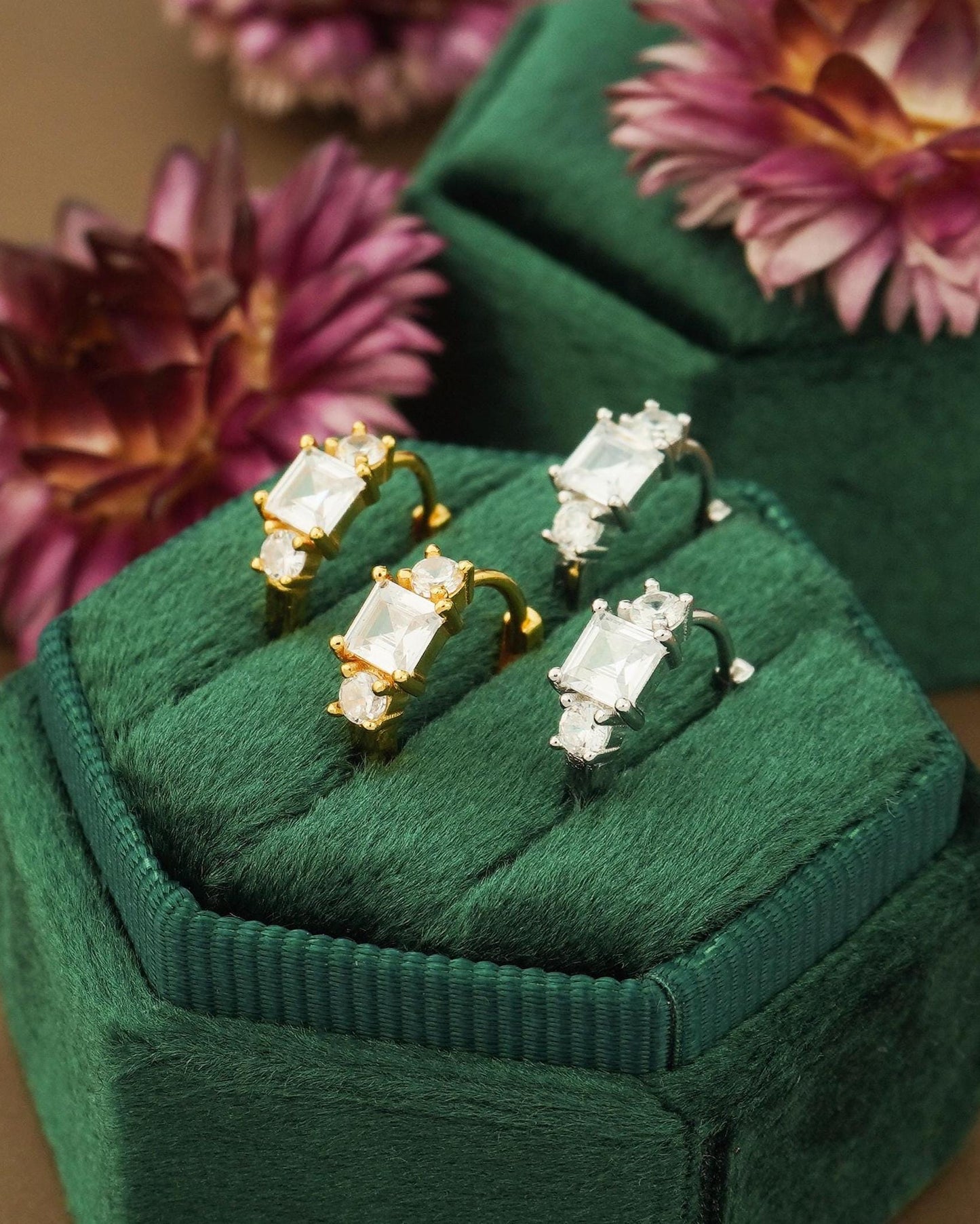 Pair of Square CZ Huggie Hoop Earrings in Sterling Silver or 18k Gold Plated, Elegant Sparkly Princess Cut Design