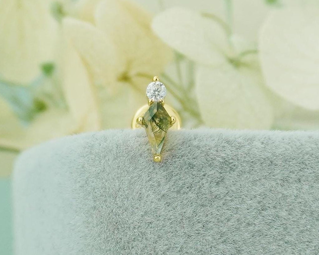 1 pc of Natural Green Moss Agate Kite Shape Flat Back Stud Earring in Gold Plated over Sterling Silver, Helix Tragus Cartilage Piercing Jewelry