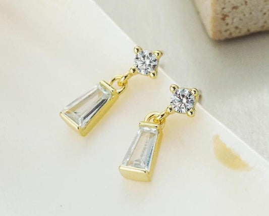 Pair of Dangle Trapezoid CZ Crystal Stud Earrings in 14ct Gold Plated Sterling Silver