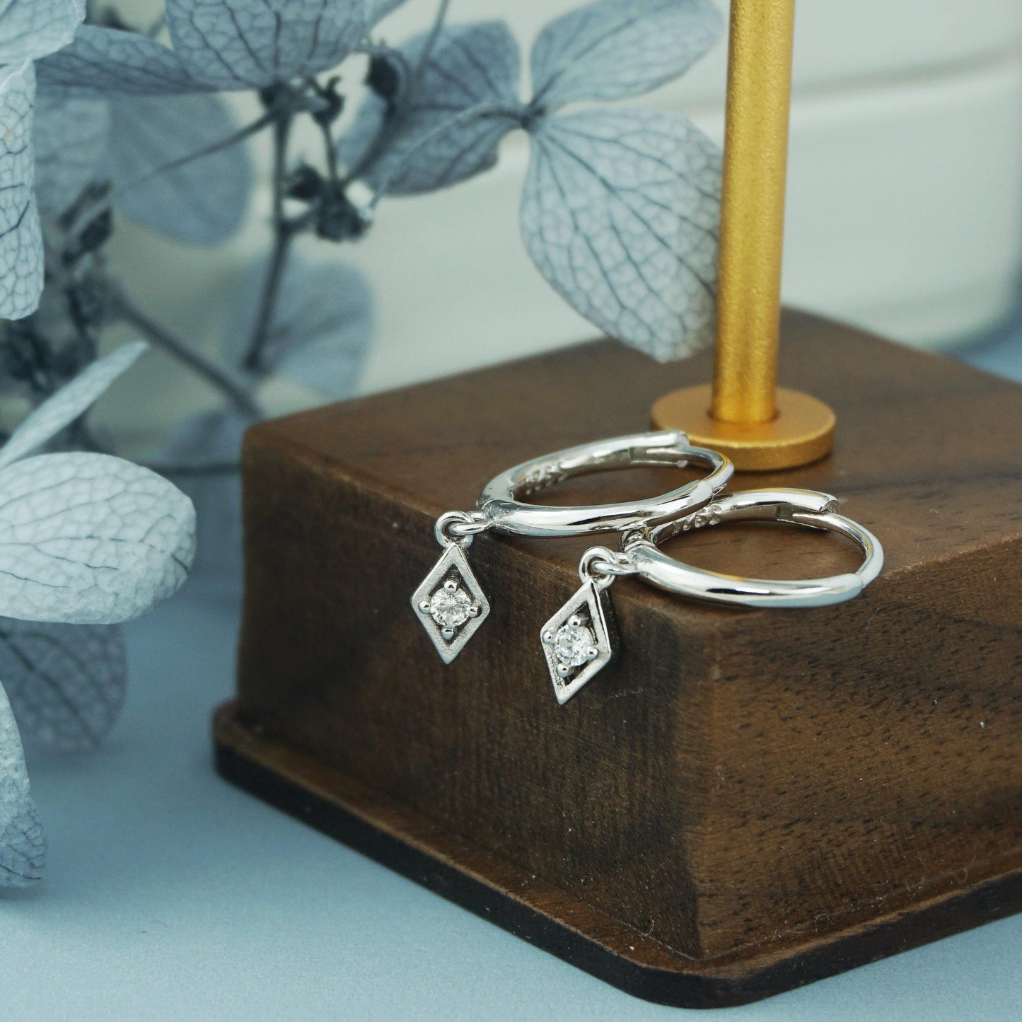 Pair of Tiny Dangle Diamond Shaped Charm CZ Huggie Hoop Earrings in 925 Sterling Silver or Plated Gold