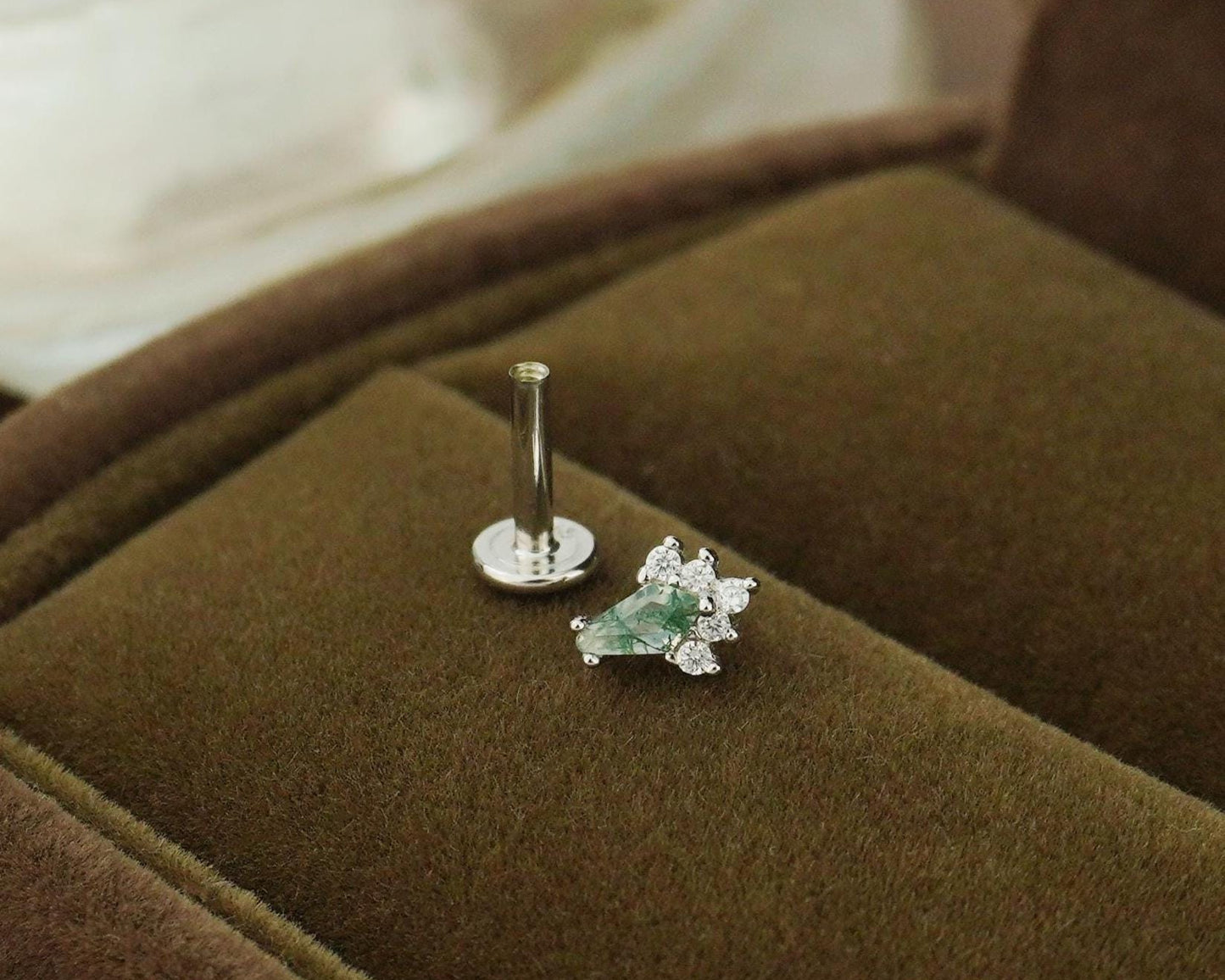 1 pc of Natural Green Moss Agate Kite Shape Flat Back Stud Earring in Sterling Silver or Plated Gold, Dainty CZ Helix Tragus Cartilage Piercing Jewelry