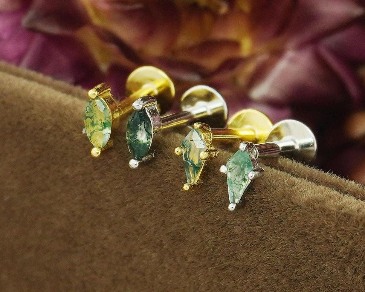 1 pc of VERY TINY Natural Green Moss Agate Flat Back Stud Earring in Sterling Silver or Plated Gold, Marquise/Kite Shape