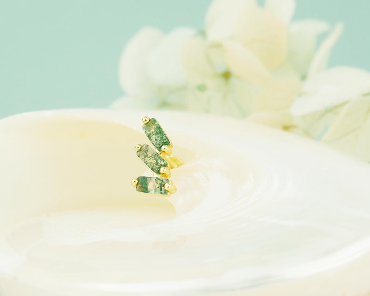 1 pc of Natural Green Moss Agate Triple Baguette Flat Back Stud Earring in Gold Plated over Sterling Silver