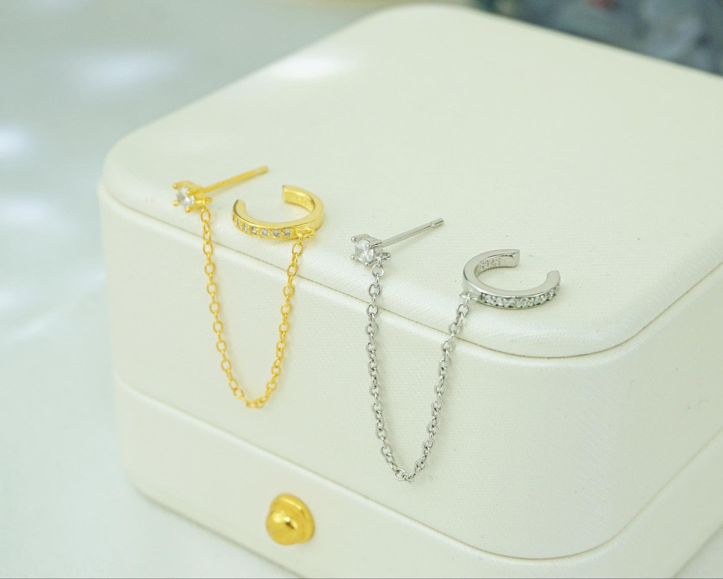 1 pc of Sterling Silver Stud Ear Cuff Earring in Silver or Plated Gold with Dangly Drop Chain, CZ Paved Dainty Earcuff