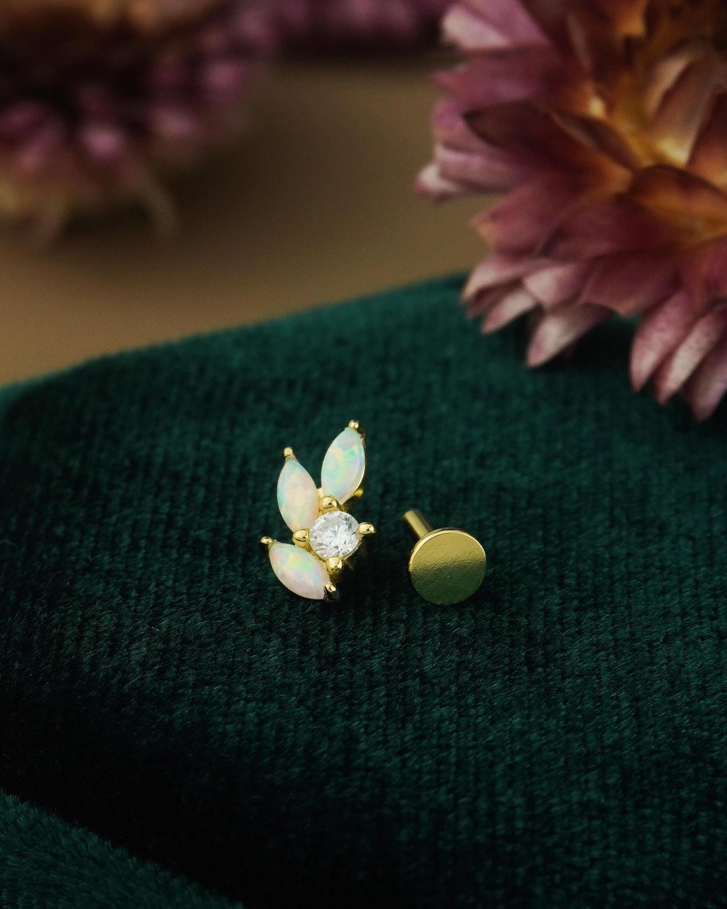 1 pc of Fire Opal Marquise Leaf & CZ Stud Earring in Gold Plated over Sterling Silver