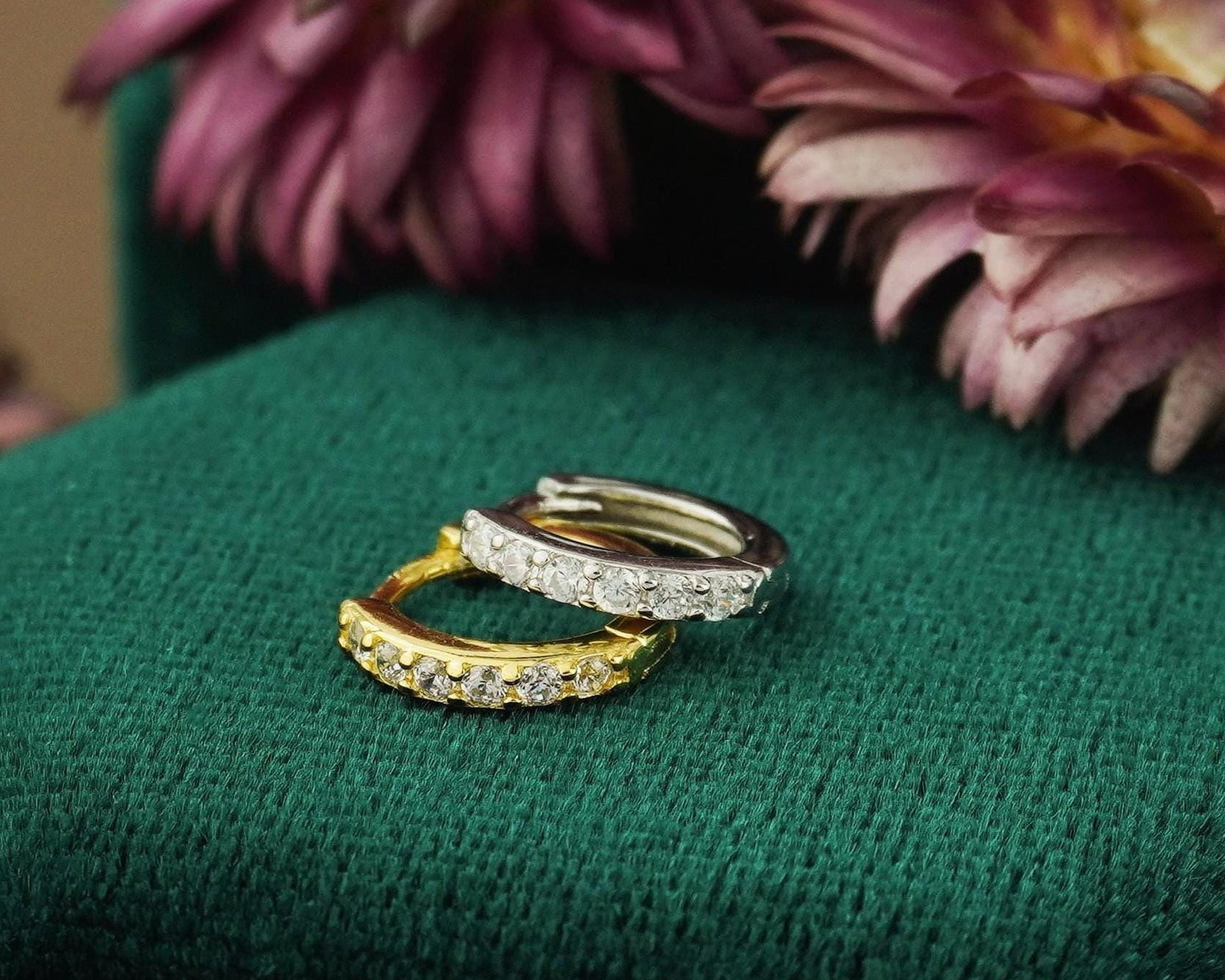 Pair of Skinny CZ Paved Huggie Hoop Earrings in 5 Sizes, Gold or Rhodium Plated Sterling Silver