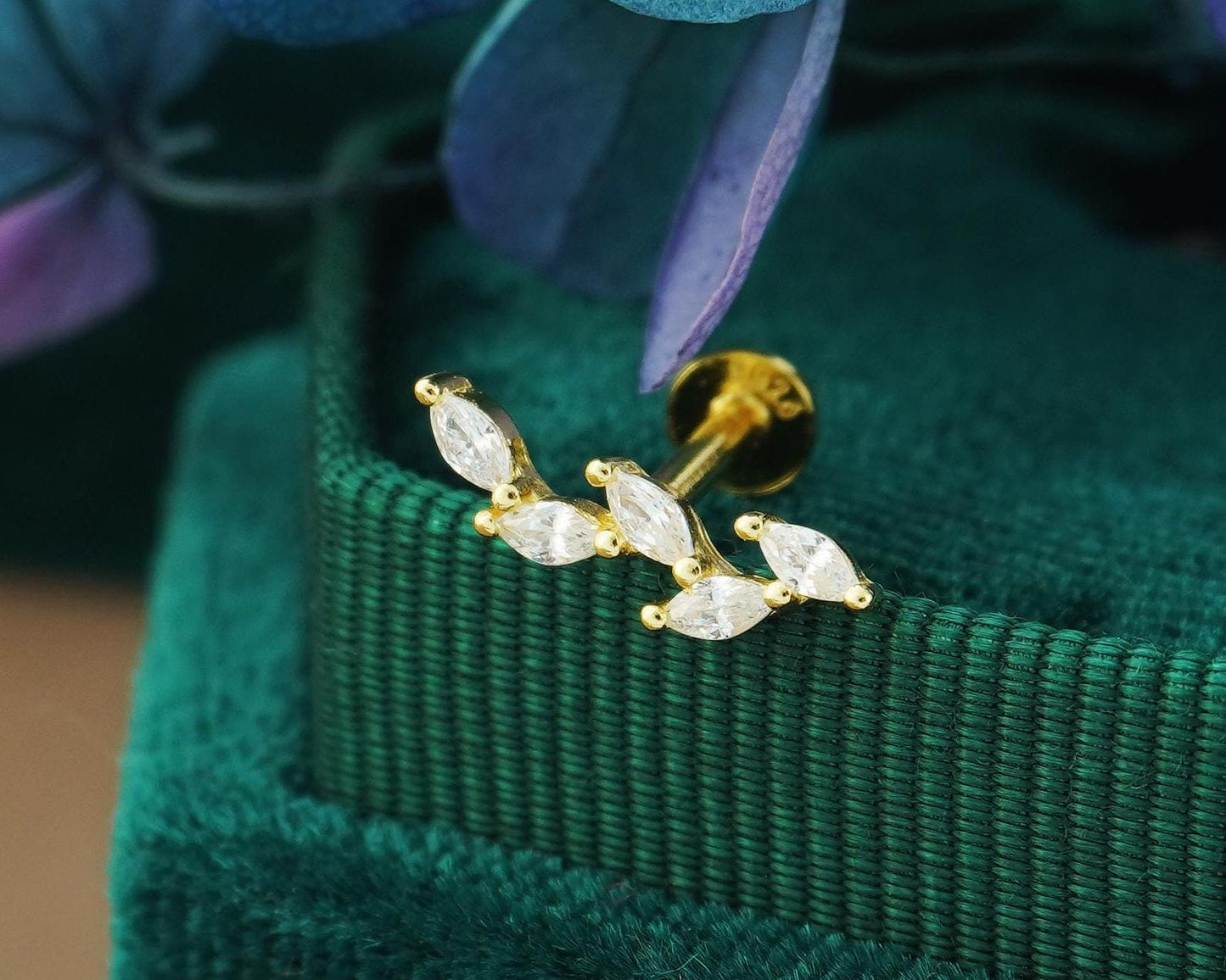 1 pc of Marquise CZ Leaf Flat Screw Back Stud Earring in Gold Plated over Sterling Silver, 16 Gauge 6mm/8mm Post
