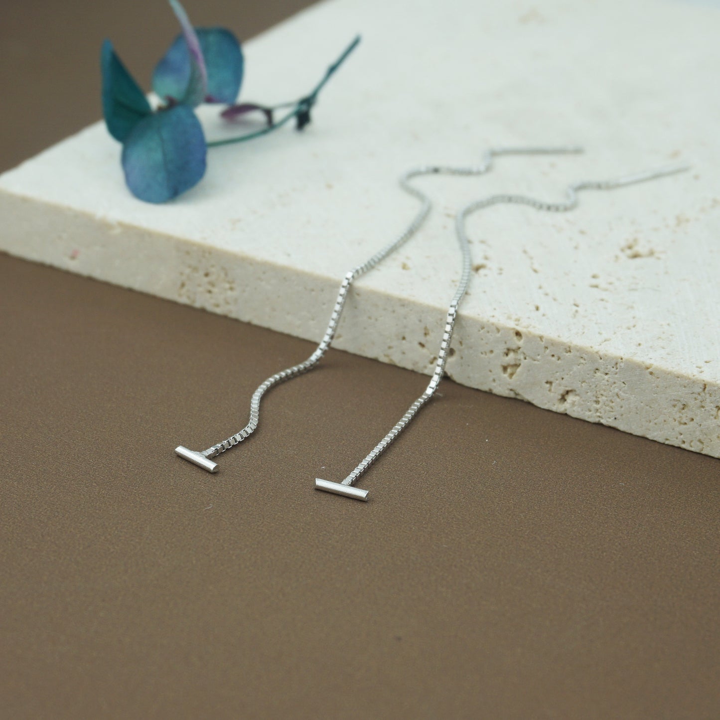 Pair of 5mm Short Bar Head Dangle Threader Earrings in Sterling Silver or Plated Gold, Dainty Dangly Chain, Minimal Delicate Ear Wire