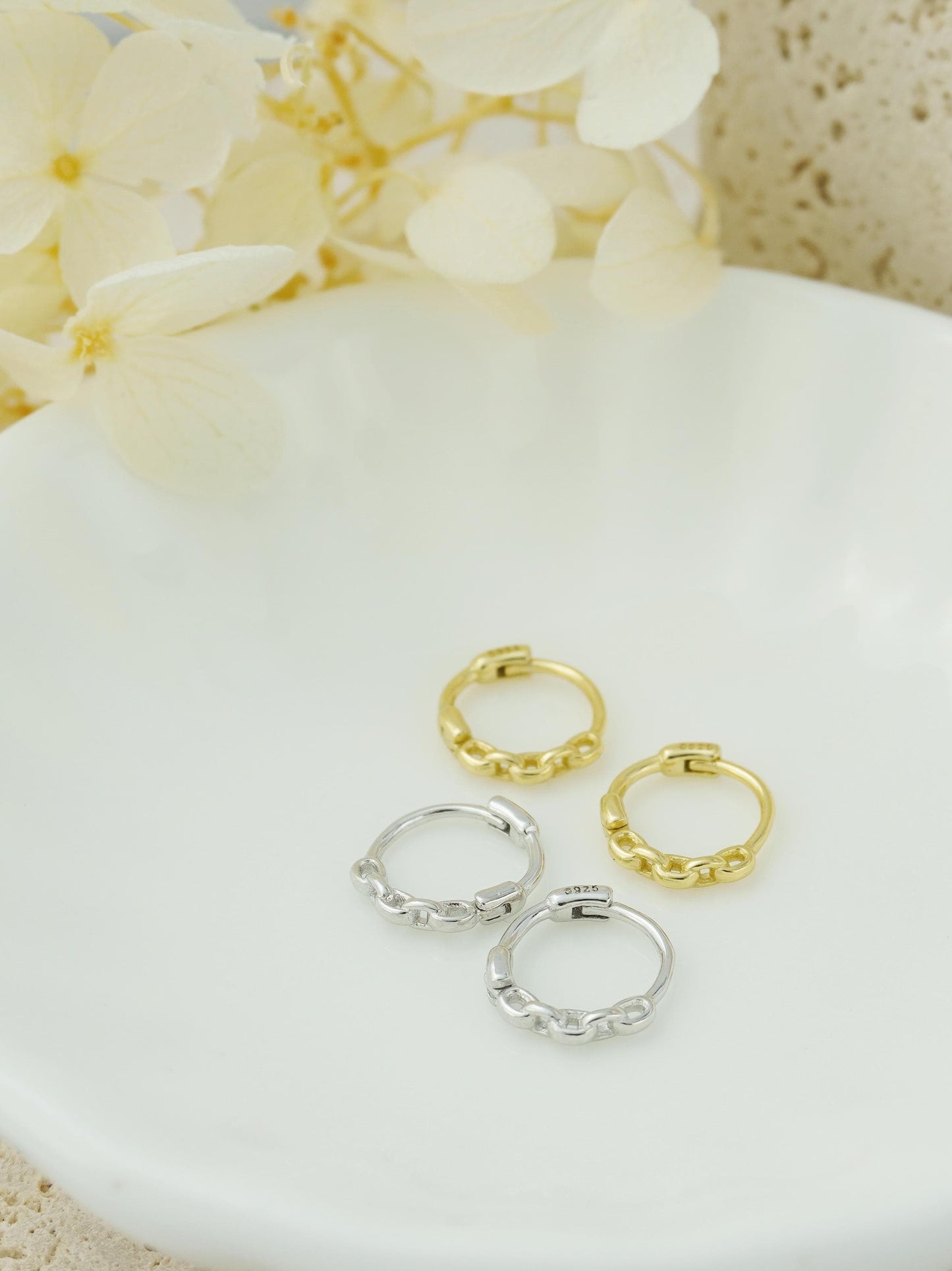 Pair of Tiny Snug Fit Chain Link Huggie Earrings in Sterling Silver or Plated Gold, Lightweight Hoops for Stacking