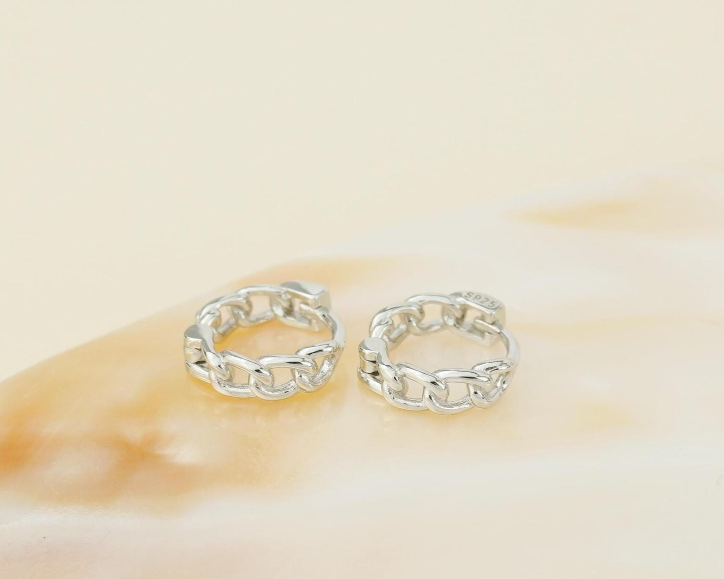 Pair of Bold Chunky Snug Fit Chain Link Huggie Earrings in Sterling Silver or Plated Gold