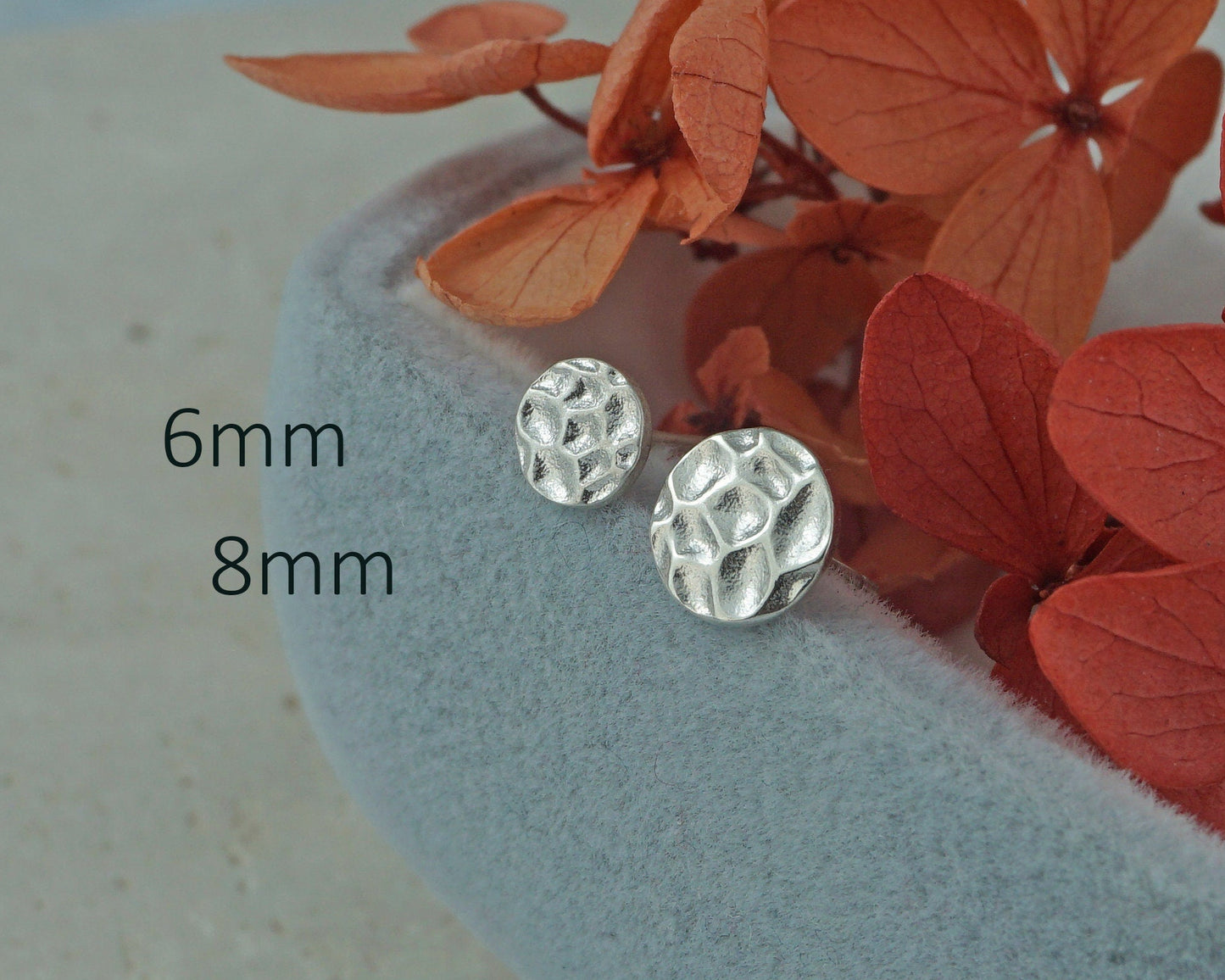 Pair of Round Hammered Disc Stud Earrings in Sterling Silver, 3 Sizes, Simple Geometric Coin Shape Jewelry