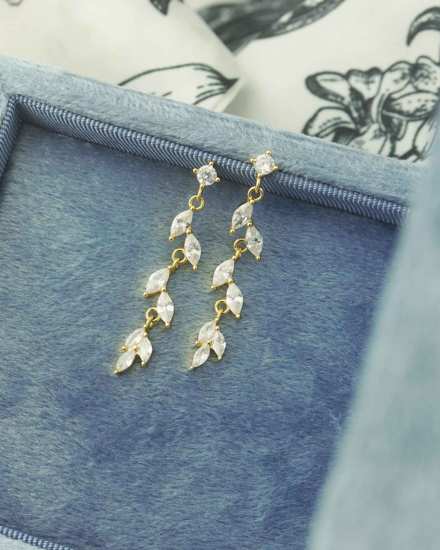 Pair of Dangly Marquise CZ Olive Leaf Stud Earrings in Gold Plated over Sterling Silver, Nature Inspired Bridal Wedding Jewelry