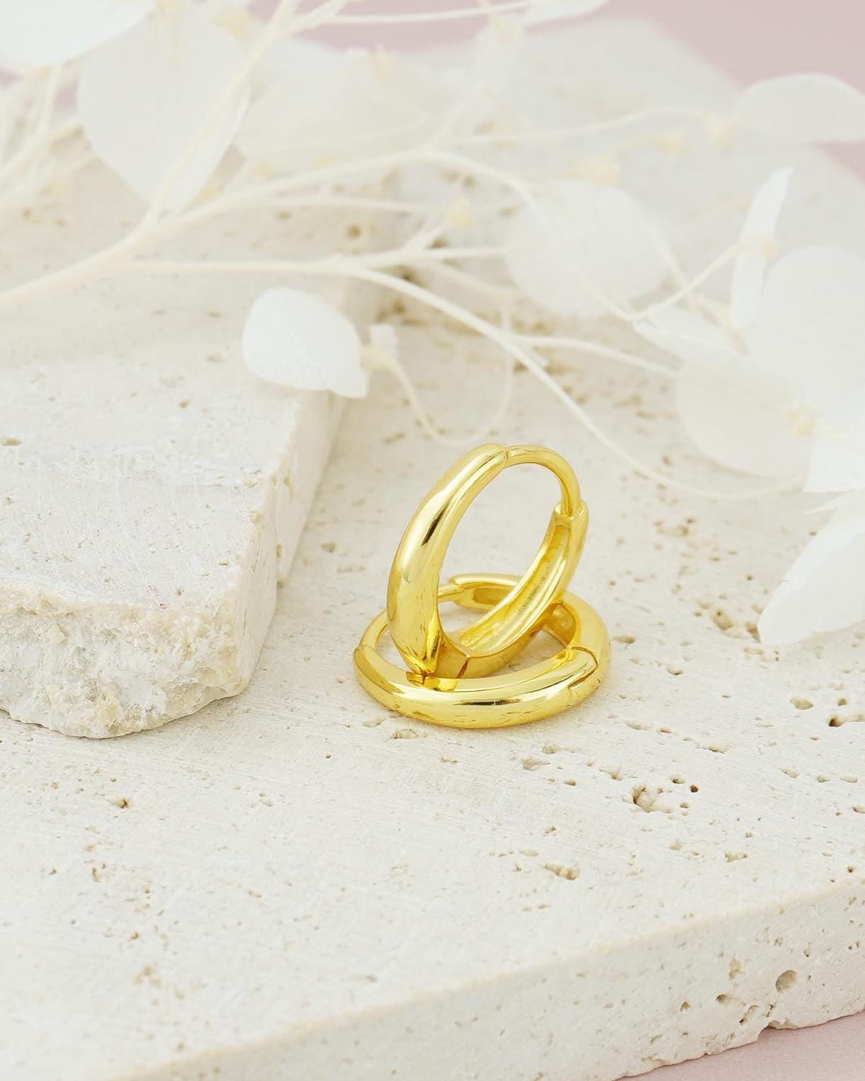 Pair of Skinny Round Edged Huggie Hoop Earrings in Sterling Silver or 18ct Gold Plated