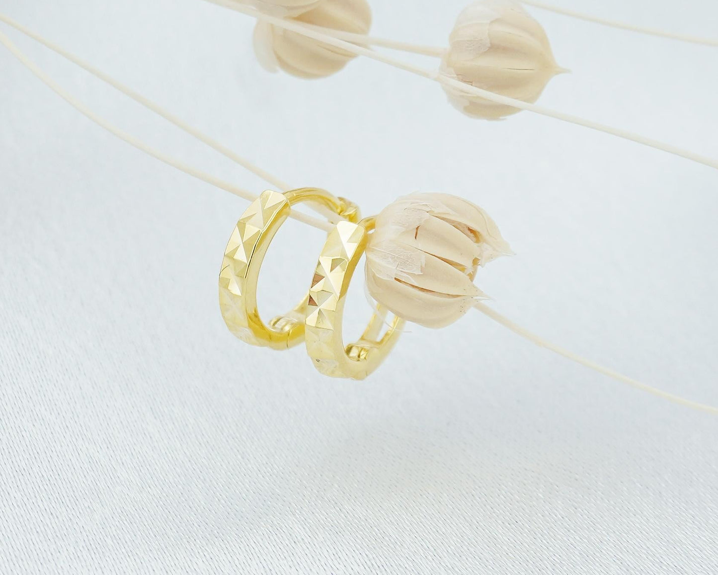 Pair of Minimalist Diamond Cut Huggie Hoop Earrings in Sterling Silver or 18ct Gold Plated, Simple Faceted Jewelry
