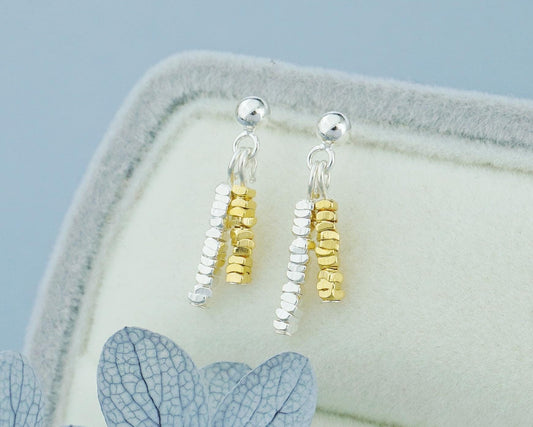 Pair of Dangly Two-toned Sterling Silver Faceted Square Strand Stud Earrings, Simple Stringed Geometric Mini Beads