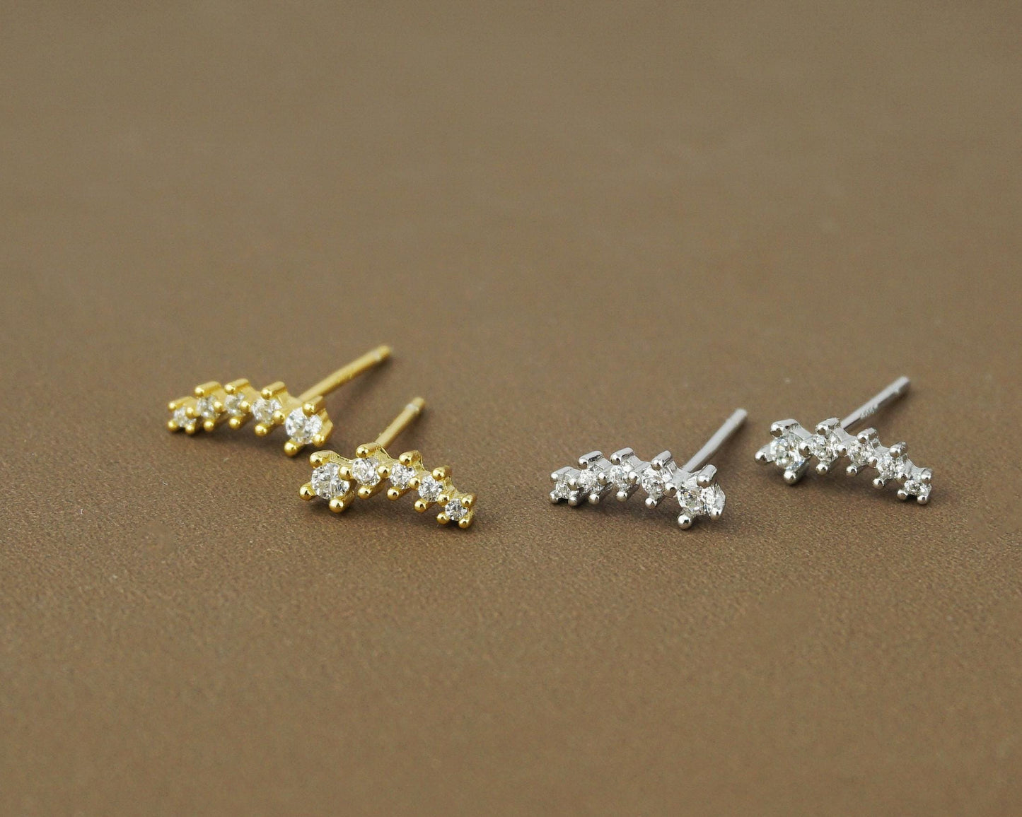 Pair of Sterling Silver 5 CZ Stud Earrings in Rhodium, Rose Gold or 18ct Gold Plated, Sparkly Star Climber