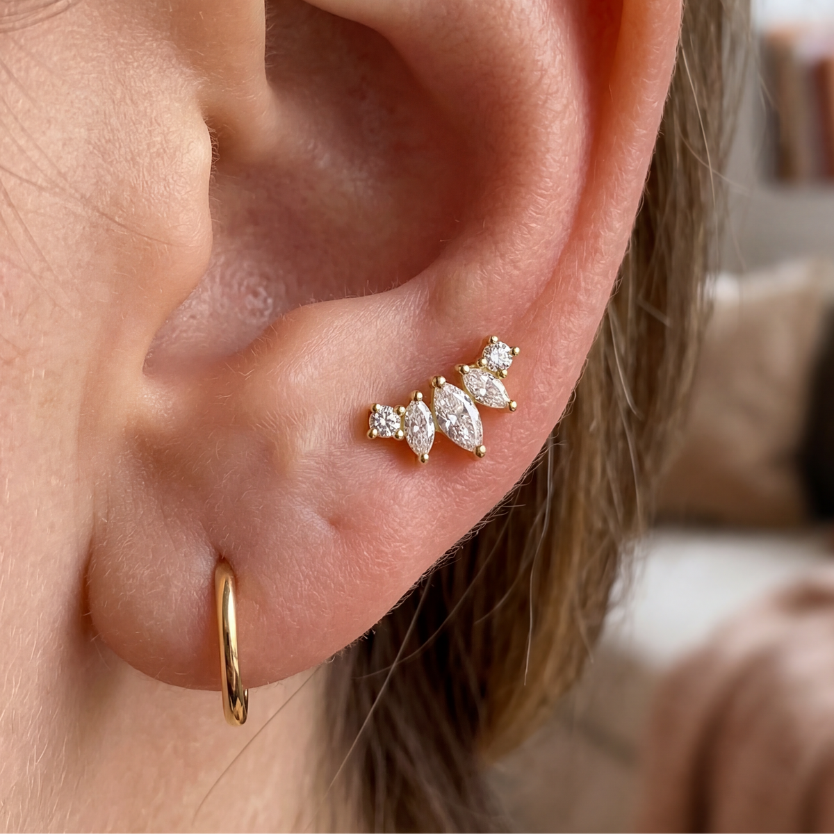 1 pc of Marquise-cut CZ Crown Shape Flat-back Stud Earring in Gold Plated over Sterling Silver, Helix Cartilage Lobe Piercing Jewelry
