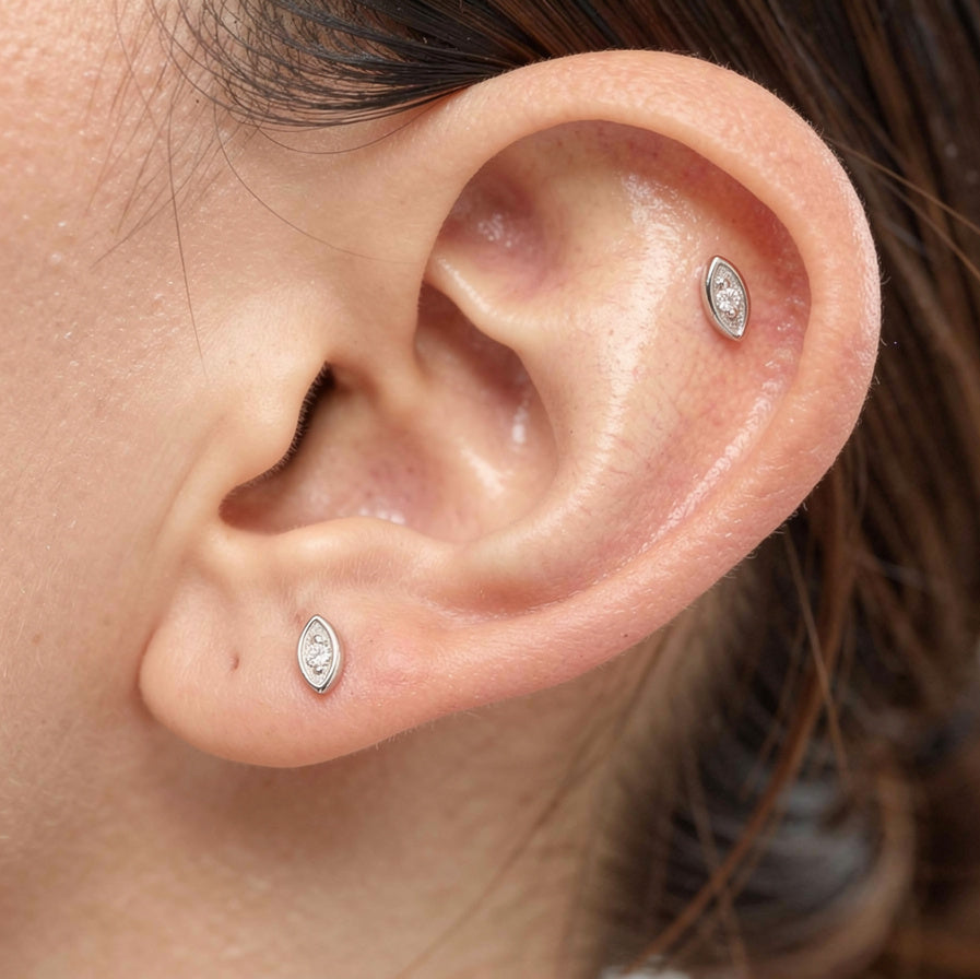 1 pc of Tiny Minimal Eye Stud Earring, Rhodium Plated Sterling Silver, Marquise-shaped with CZ,  Flat-back Helix Cartilage Lobe Piercing Jewelry