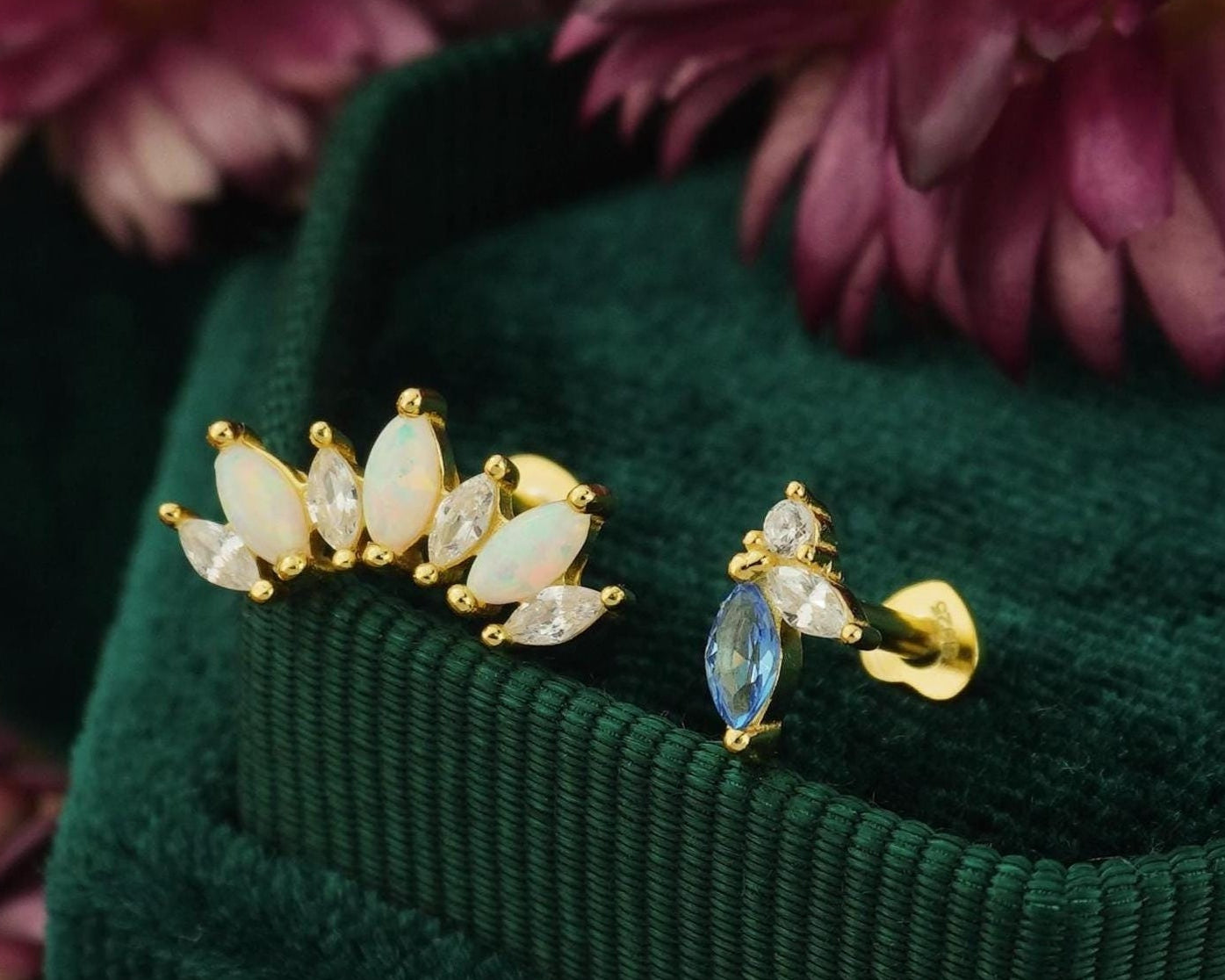 1 pc of Marquise Opal / Blue CZ Stud Earring in 18k Gold Plated over Sterling Silver, 16G Lobe Tragus Cartilage Piercing Jewelry